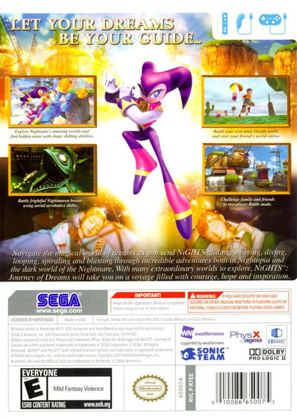 NiGHTS: Journey of Dreams | Wii | back cover | region=North America | source-country=Canada,Mexico,Other,United States | zypher-v2 | moby-9516627da262 | Data by MobyGames.com