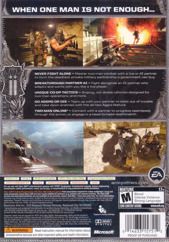 Army of Two | Xbox 360 | back cover | Data by MobyGames.com