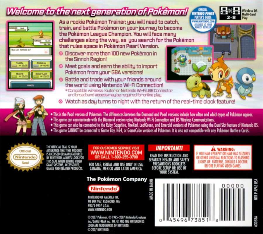 
Pokémon Pearl Version | Nintendo DS | back cover | Data by MobyGames.com