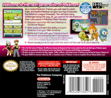 
Pokémon Pearl Version | Nintendo DS | back cover | Data by MobyGames.com