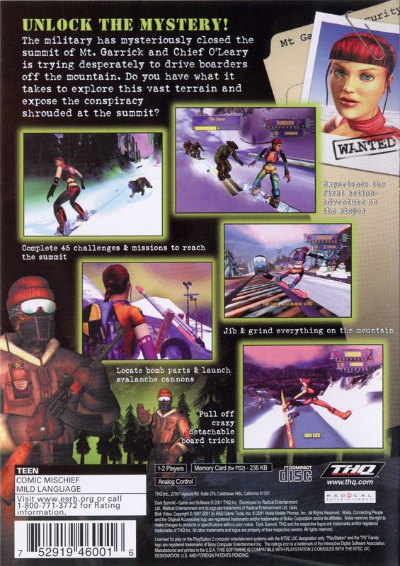 
Dark Summit | PlayStation 2 | back cover | Data by MobyGames.com