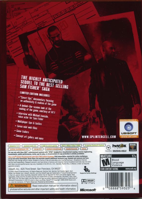 Tom Clancy's Splinter Cell: Double Agent (Limited Collector's Edition) | Xbox 360 | back cover | region=North America | source-country=United States | zypher-v2 | moby-9b07f898cd63 | Data by MobyGames.com