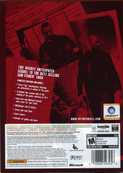 Tom Clancy's Splinter Cell: Double Agent (Limited Collector's Edition) | Xbox 360 | back cover | region=North America | source-country=United States | zypher-v2 | moby-9b07f898cd63 | Data by MobyGames.com