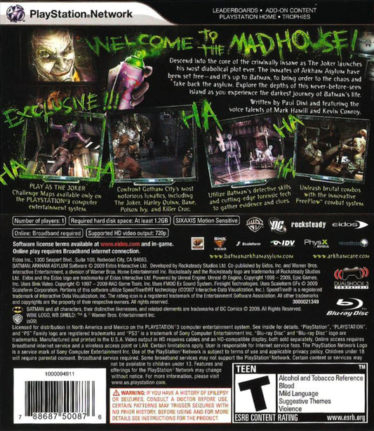 Batman: Arkham Asylum | PlayStation 3 | back cover | region=North America | source-country=United States | zypher-v2 | moby-fee18552b5fb | Data by MobyGames.com