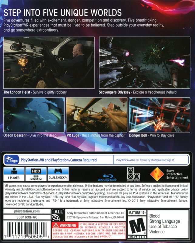 
PlayStation VR Worlds | PlayStation 4 | back cover | Data by MobyGames.com