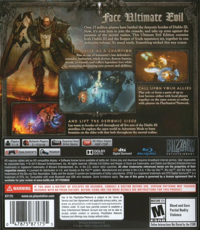 Diablo III: Reaper of Souls - Ultimate Evil Edition | PlayStation 3 | back cover | region=North America | source-country=Canada,United States | zypher-v2 | moby-4941bb66faf8 | Data by MobyGames.com