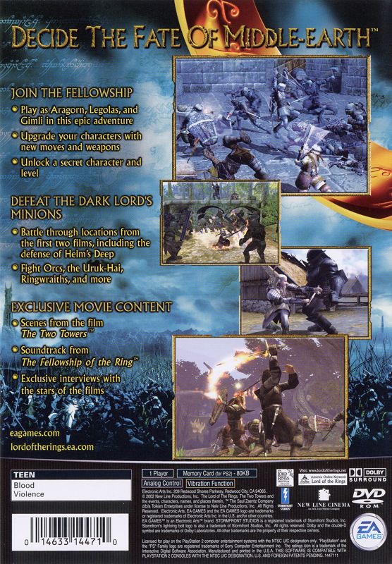 The Lord of the Rings: The Two Towers | PlayStation 2 | back cover | region=North America | source-country=United States | zypher-v2 | moby-ca6b6807a108 | Data by MobyGames.com