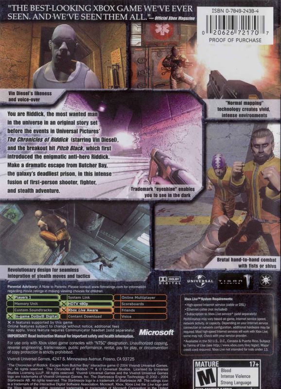 
The Chronicles of Riddick: Escape from Butcher Bay | Xbox | back cover | Data by MobyGames.com