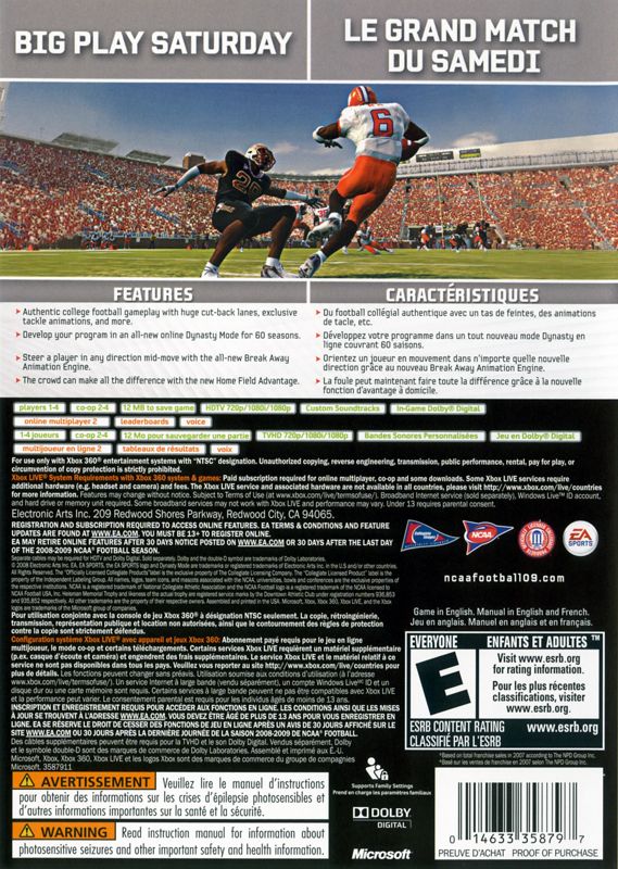 NCAA Football 09 | Xbox 360 | back cover | region=North America | source-country=Canada,United States | zypher-v2 | moby-491974599829 | Data by MobyGames.com