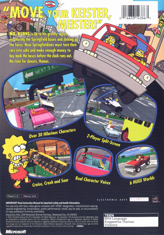 The Simpsons: Road Rage | Xbox | back cover | region=North America | source-country=United States | zypher-v2 | moby-8890f0e23ff6 | Data by MobyGames.com
