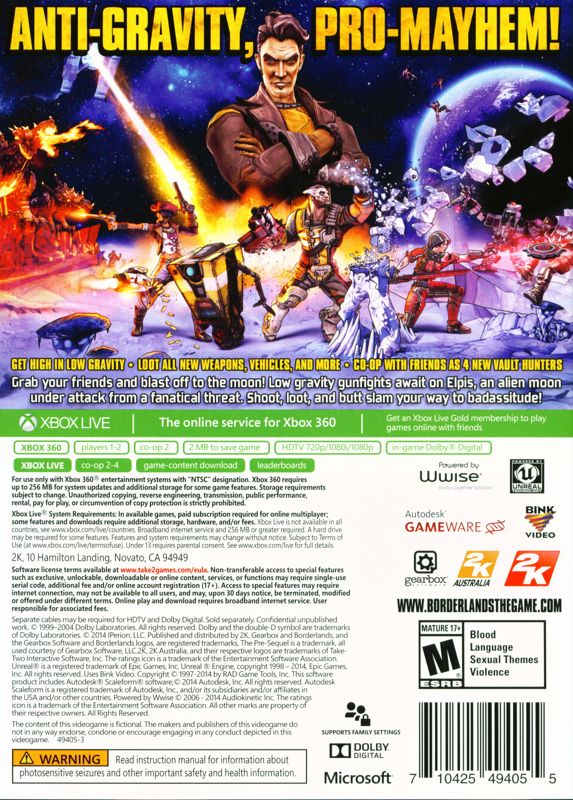 Borderlands: The Pre-Sequel! | Xbox 360 | back cover | region=North America | source-country=Canada,United States | zypher-v2 | moby-e51ad567a5aa | Data by MobyGames.com