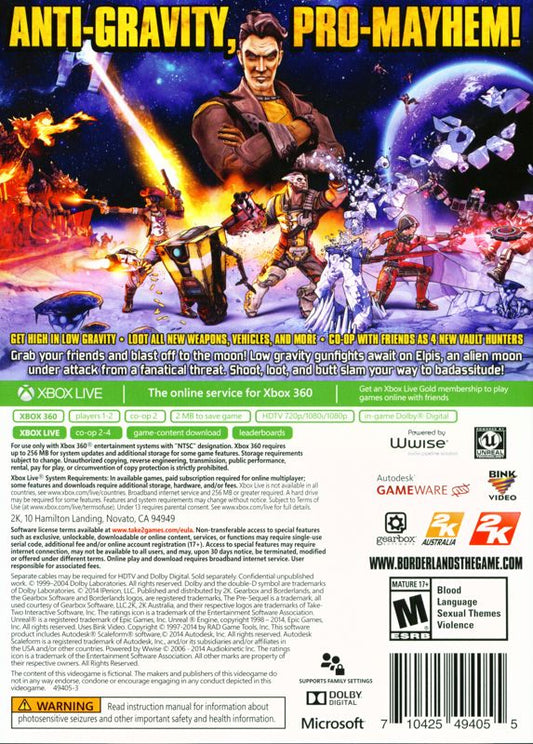 Borderlands: The Pre-Sequel! | Xbox 360 | back cover | region=North America | source-country=Canada,United States | zypher-v2 | moby-e51ad567a5aa | Data by MobyGames.com