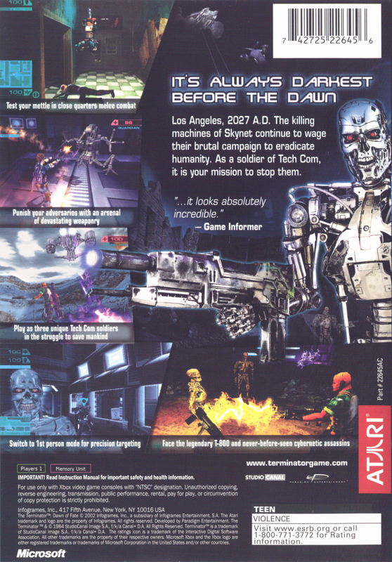 
The Terminator: Dawn of Fate | Xbox | back cover | Data by MobyGames.com