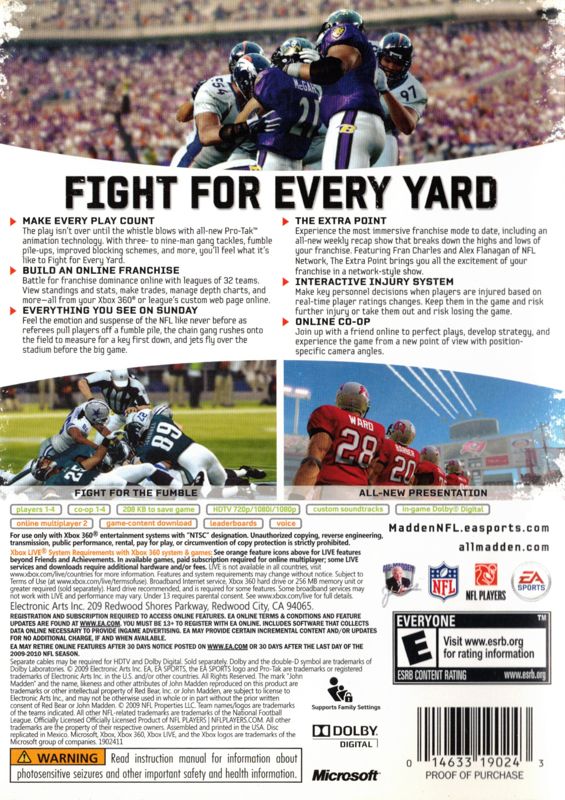 Madden NFL 10 | Xbox 360 | back cover | region=North America | source-country=United States | zypher-v2 | moby-813b8f4f263b | Data by MobyGames.com