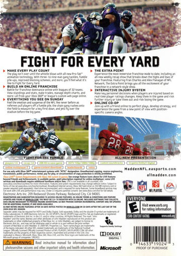 Madden NFL 10 | Xbox 360 | back cover | region=North America | source-country=United States | zypher-v2 | moby-813b8f4f263b | Data by MobyGames.com