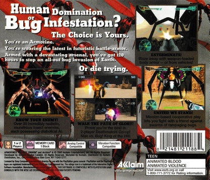 
Armorines: Project S.W.A.R.M. | PlayStation | back cover | Data by MobyGames.com