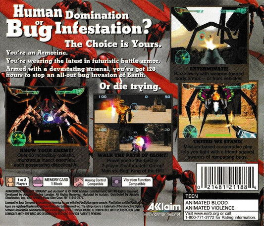 Armorines: Project S.W.A.R.M. | PlayStation | back cover | region=North America | source-country=Canada,United States | zypher-v2 | moby-89eece07d388 | Data by MobyGames.com