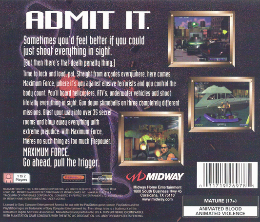
Maximum Force | PlayStation | back cover | Region: North America | source-country=United States | Data by MobyGames.com
