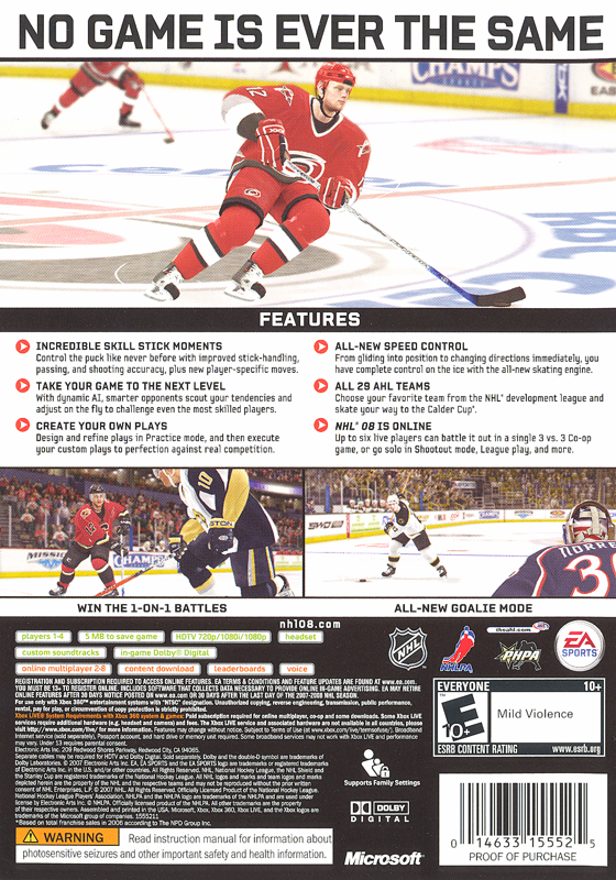 NHL 08 | Xbox 360 | back cover | region=North America | source-country=United States | zypher-v2 | moby-a690192c4828 | Data by MobyGames.com