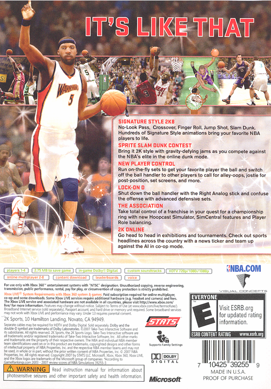 NBA 2K8 | Xbox 360 | back cover | region=North America | source-country=United States | zypher-v2 | moby-71baed738ec4 | Data by MobyGames.com