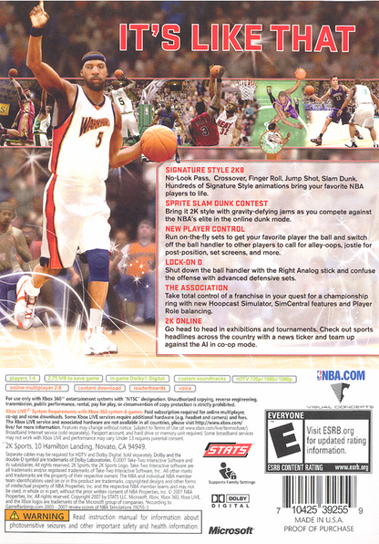 NBA 2K8 | Xbox 360 | back cover | region=North America | source-country=United States | zypher-v2 | moby-71baed738ec4 | Data by MobyGames.com