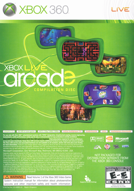 Sega Superstars Tennis / Xbox Live Arcade Compilation | Xbox 360 | back cover | region=North America | source-country=United States | zypher-v2 | moby-e89665867798 | Data by MobyGames.com