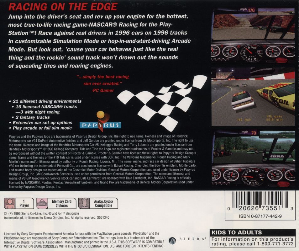 
NASCAR Racing | PlayStation | back cover | Region: North America | source-country=United States | Data by MobyGames.com