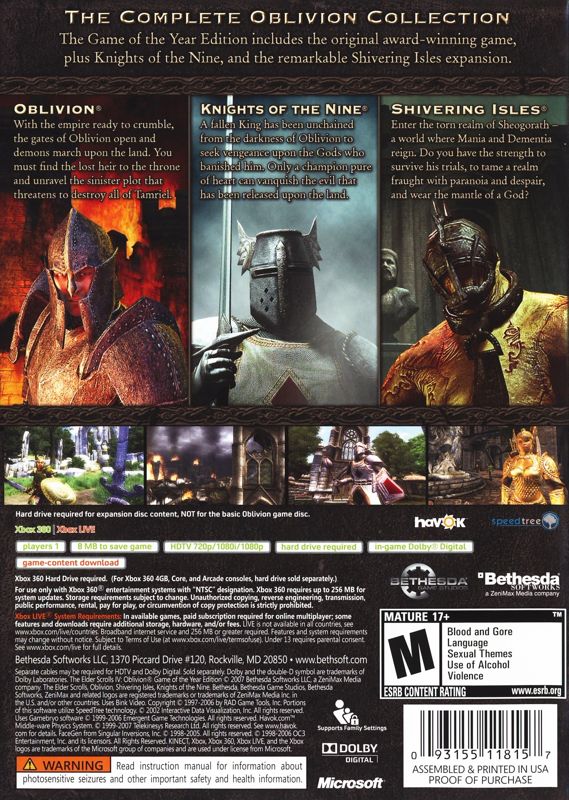 The Elder Scrolls IV: Oblivion - Game of the Year Edition | Xbox 360 | back cover | region=North America | source-country=United States | zypher-v2 | moby-b7cfc3e29058 | Data by MobyGames.com