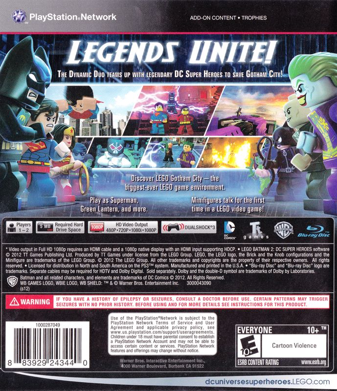 LEGO Batman 2: DC Super Heroes | PlayStation 3 | back cover | region=North America | source-country=United States | zypher-v2 | moby-efb5101292c5 | Data by MobyGames.com