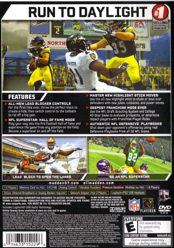 Madden NFL 07 | PlayStation 2 | back cover | region=North America | source-country=Canada,United States | zypher-v2 | moby-1b580a4e13c4 | Data by MobyGames.com
