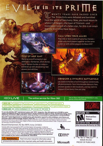 Diablo III | Xbox 360 | back cover | region=North America | source-country=United States | zypher-v2 | moby-a2d81eb427a0 | Data by MobyGames.com