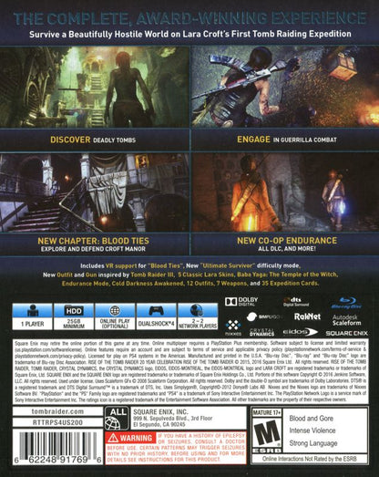 
Rise of the Tomb Raider: 20 Year Celebration | PlayStation 4 | back cover | Region: North America | source-country=United States | Data by MobyGames.com