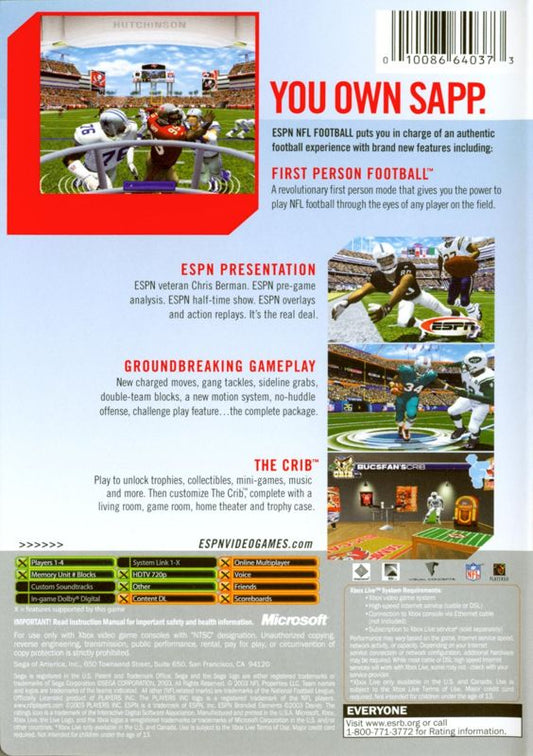 
ESPN NFL Football | Xbox | back cover | Region: North America | source-country=United States | Data by MobyGames.com