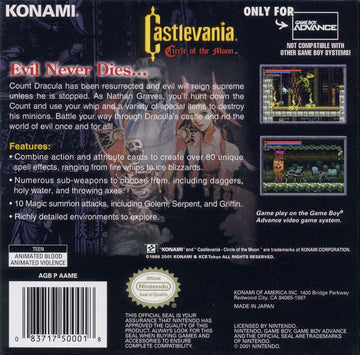 
Castlevania: Circle of the Moon | Game Boy Advance | back cover | Data by MobyGames.com