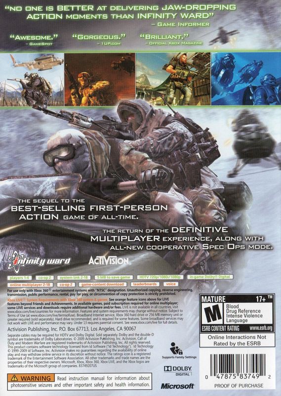 Call of Duty: Modern Warfare 2 | Xbox 360 | back cover | region=North America | source-country=United States | zypher-v2 | moby-6f0be846ef30 | Data by MobyGames.com