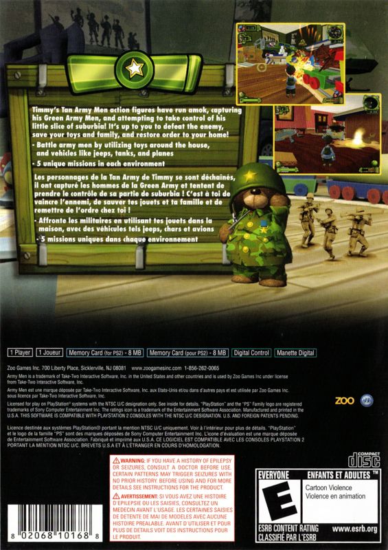 Army Men: Soldiers of Misfortune | PlayStation 2 | back cover | Region: North America | source-country=Canada,United States | Data by MobyGames.com