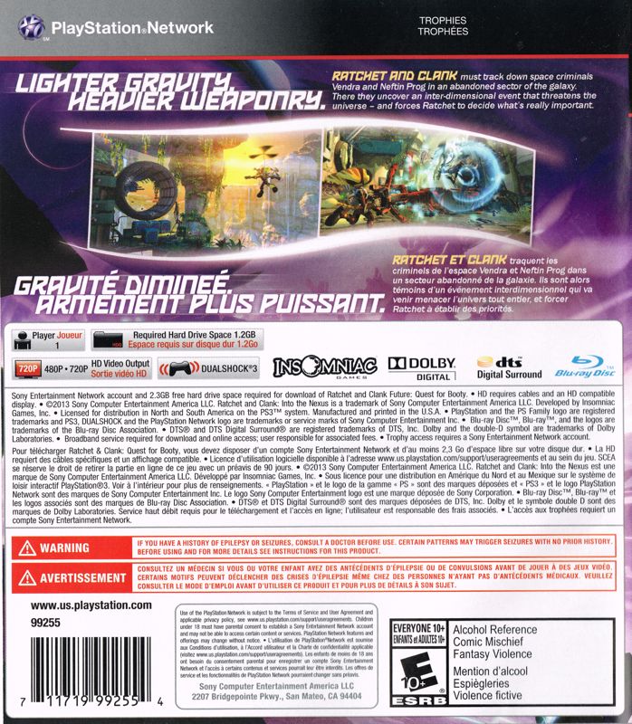 Ratchet & Clank: Into the Nexus | PlayStation 3 | back cover | region=North America | source-country=Canada | zypher-v2 | moby-4a90ee19f4e1 | Data by MobyGames.com