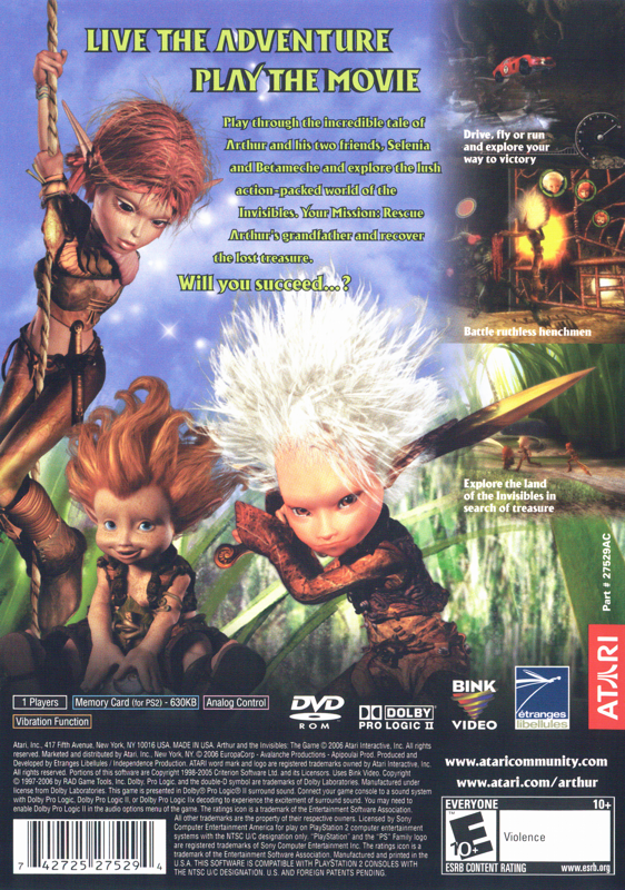 Arthur and the Invisibles: The Game | PlayStation 2 | back cover | region=North America | source-country=United States | zypher-v2 | moby-9310b97e9e6c | Data by MobyGames.com