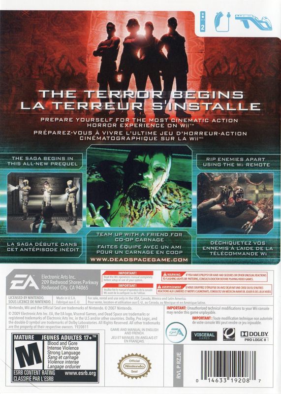 Dead Space: Extraction | Wii | back cover | region=North America | source-country=Argentina,Brazil,Canada,Chile,Colombia,Mexico,United States,Uruguay | zypher-v2 | moby-bccfe6b8e4fa | Data by MobyGames.com