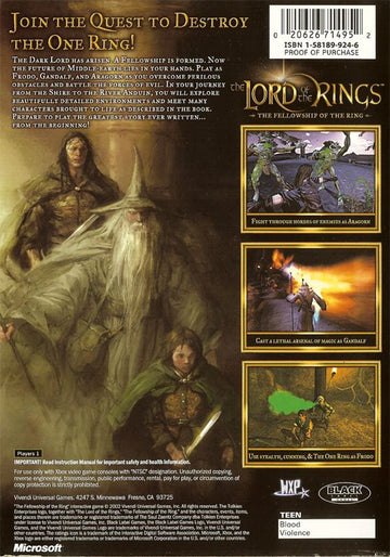 The Lord of the Rings: The Fellowship of the Ring | Xbox | back cover | region=North America | source-country=United States | zypher-v2 | moby-552e4c29f63d | Data by MobyGames.com