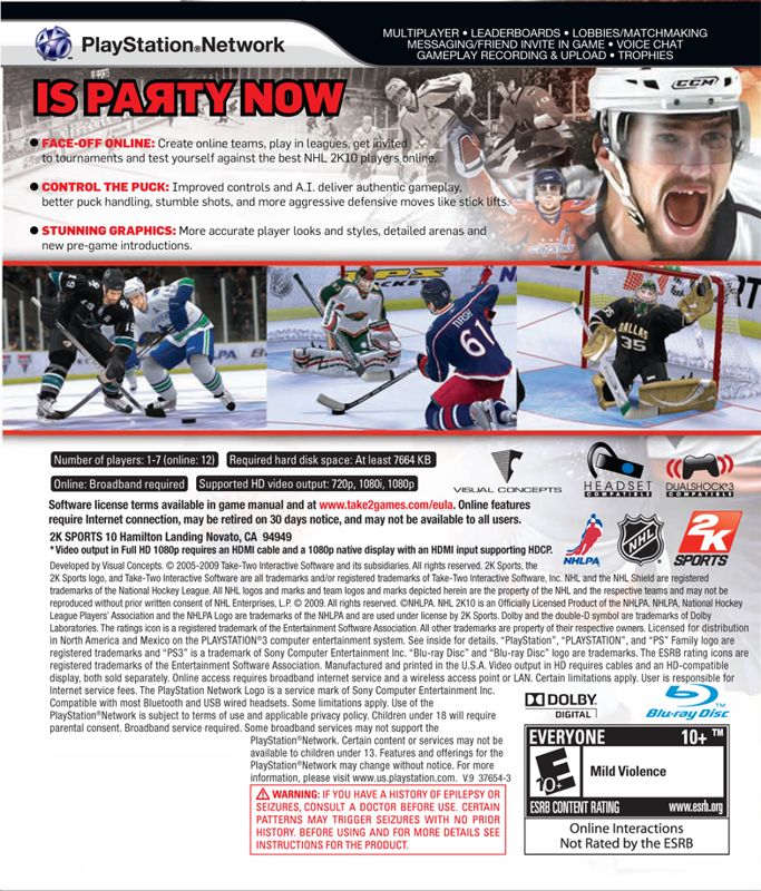 
NHL 2K10 | PlayStation 3 | back cover | Region: North America | source-country=Canada,United States | Data by MobyGames.com