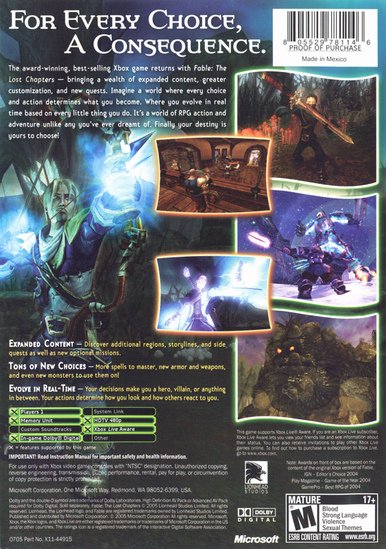 
Fable: The Lost Chapters | Xbox | back cover | Data by MobyGames.com