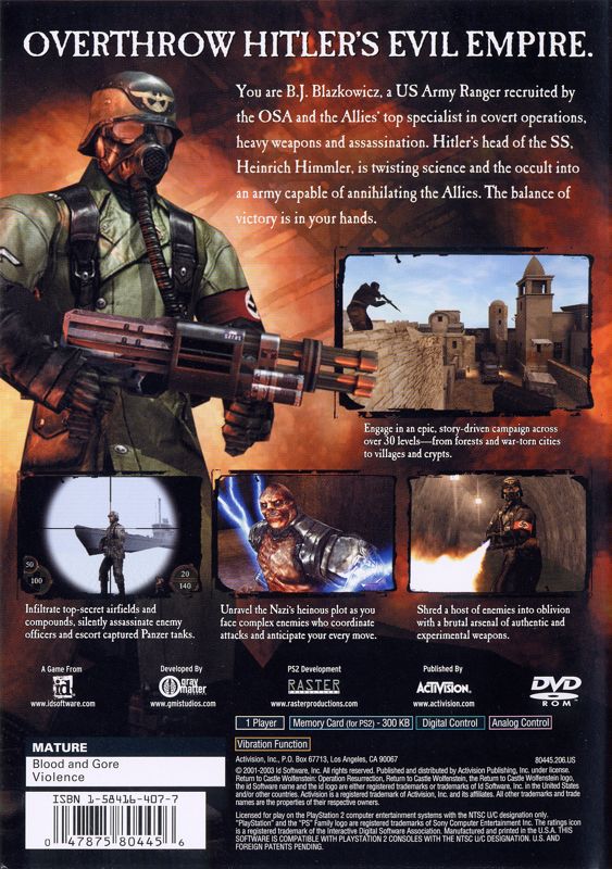 
Return to Castle Wolfenstein: Operation Resurrection | PlayStation 2 | back cover | Data by MobyGames.com