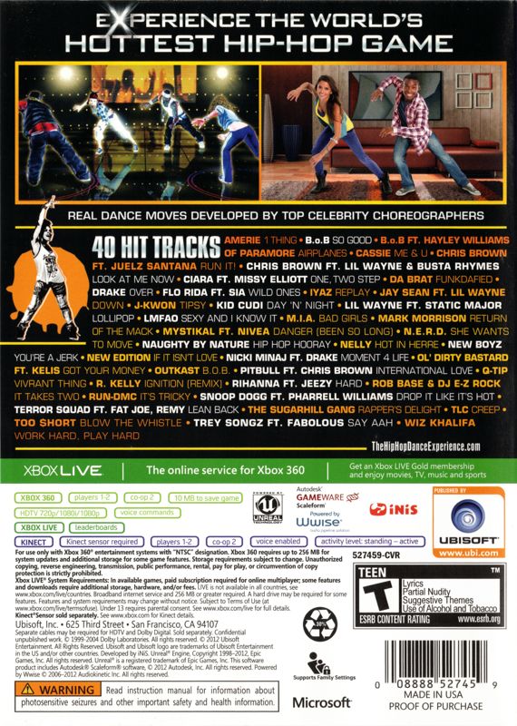 The Hip Hop Dance Experience | Xbox 360 | back cover | region=North America | source-country=United States | zypher-v2 | moby-581c8cb40b4a | Data by MobyGames.com