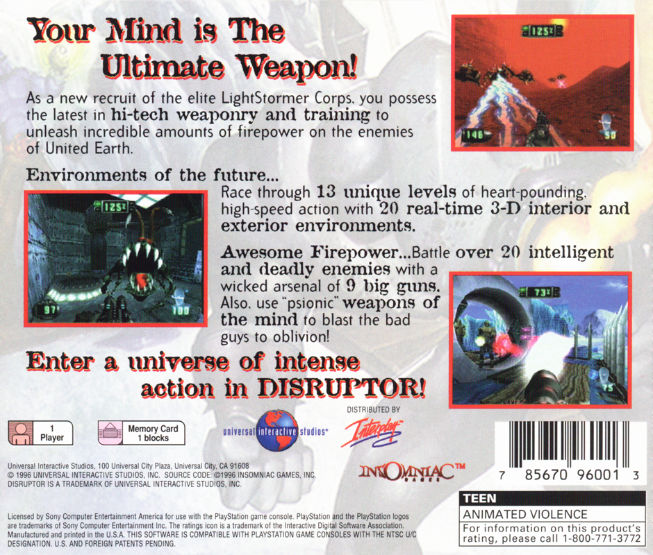 Disruptor | PlayStation | back cover | region=North America | source-country=United States | zypher-v2 | moby-052b06cd982f | Data by MobyGames.com