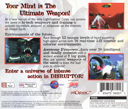 Disruptor | PlayStation | back cover | region=North America | source-country=United States | zypher-v2 | moby-052b06cd982f | Data by MobyGames.com