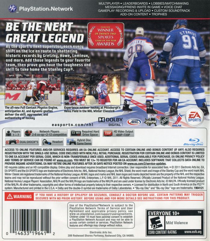 NHL 12 | PlayStation 3 | back cover | region=North America | source-country=United States | zypher-v2 | moby-031a65d2047c | Data by MobyGames.com
