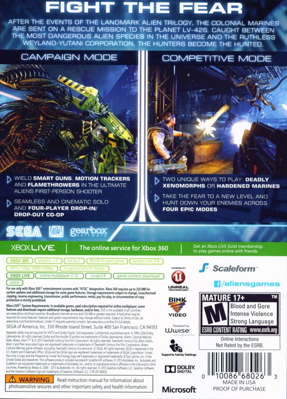 
Aliens: Colonial Marines | Xbox 360 | back cover | Data by MobyGames.com