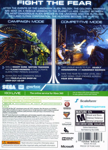 
Aliens: Colonial Marines | Xbox 360 | back cover | Data by MobyGames.com