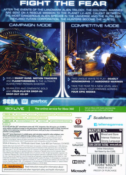 
Aliens: Colonial Marines | Xbox 360 | back cover | Data by MobyGames.com